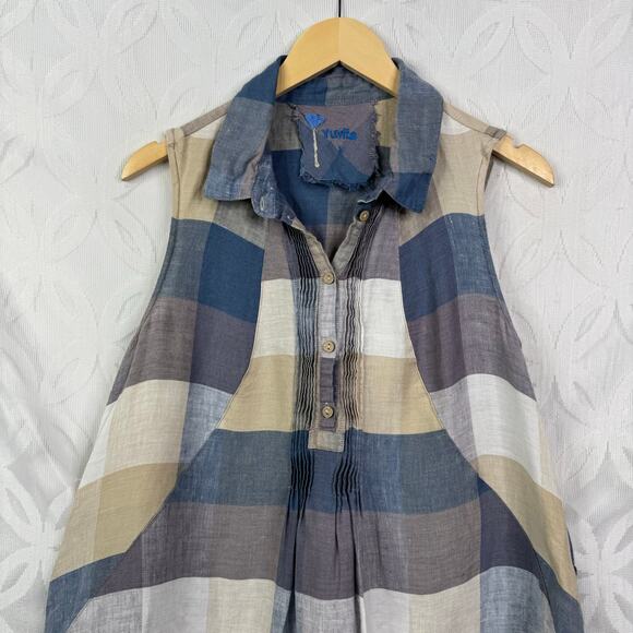 Yuvita Chambray Sleeveless Pintuck Plaid Linen Dress Lagenlook Blue Size S $148 - Picture 3 of 11
